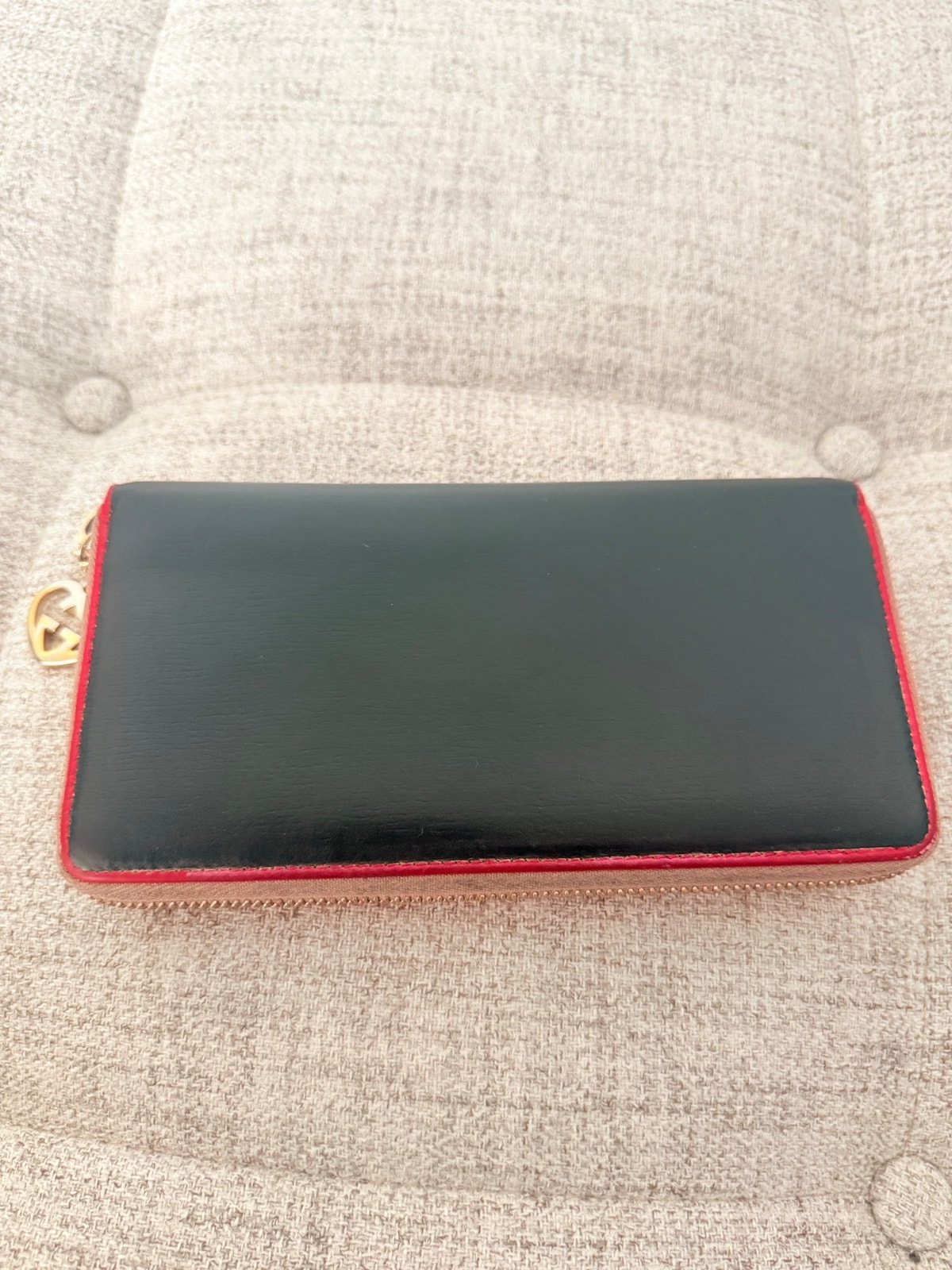 Gucci Black Leather Long Zip Wallet Red Trim, Gold Gg Charm, Made In Italy